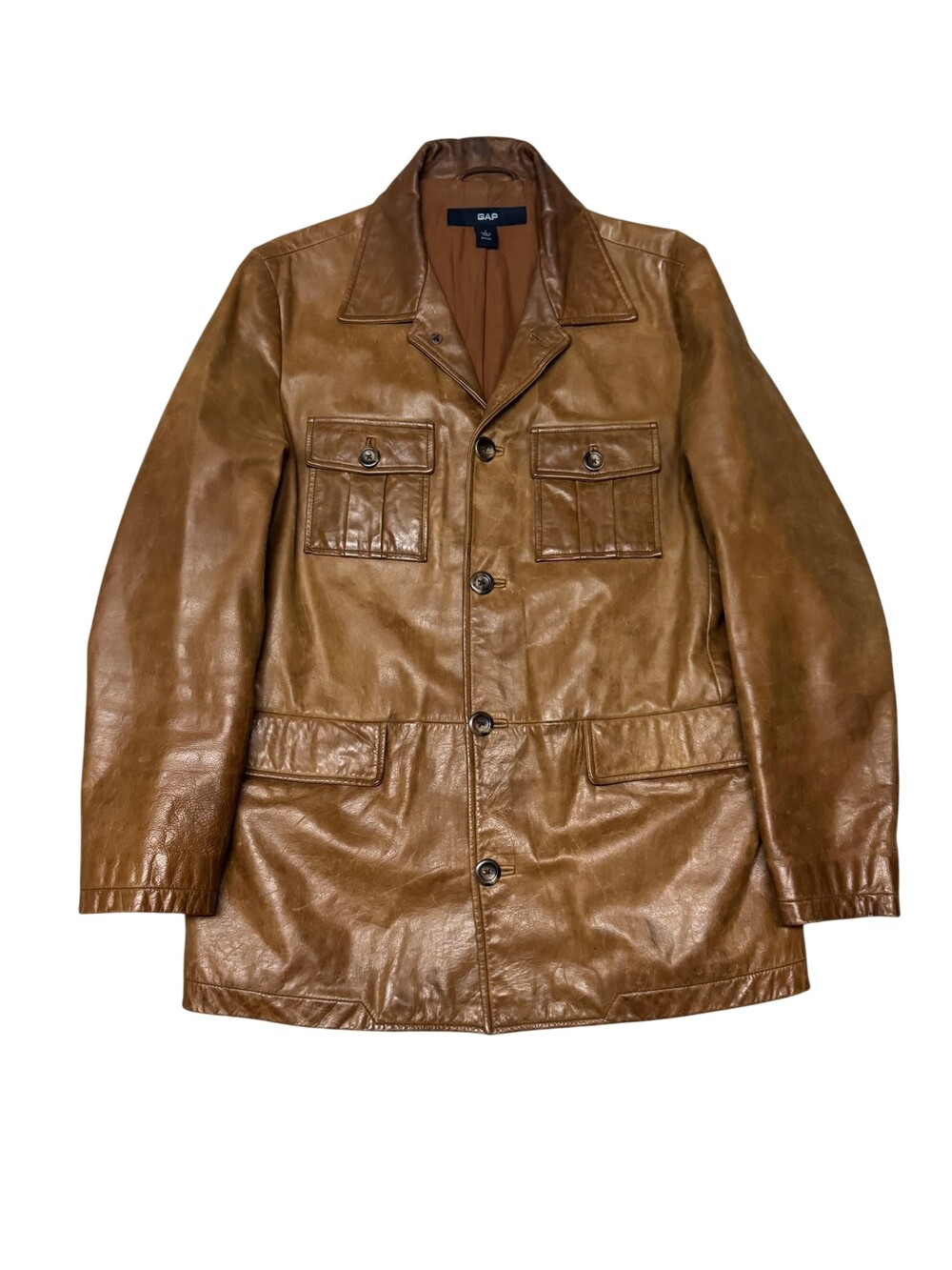 Gap Leather Coat Mens Small Brown Safari Field Chore Button Front Jacket Utility